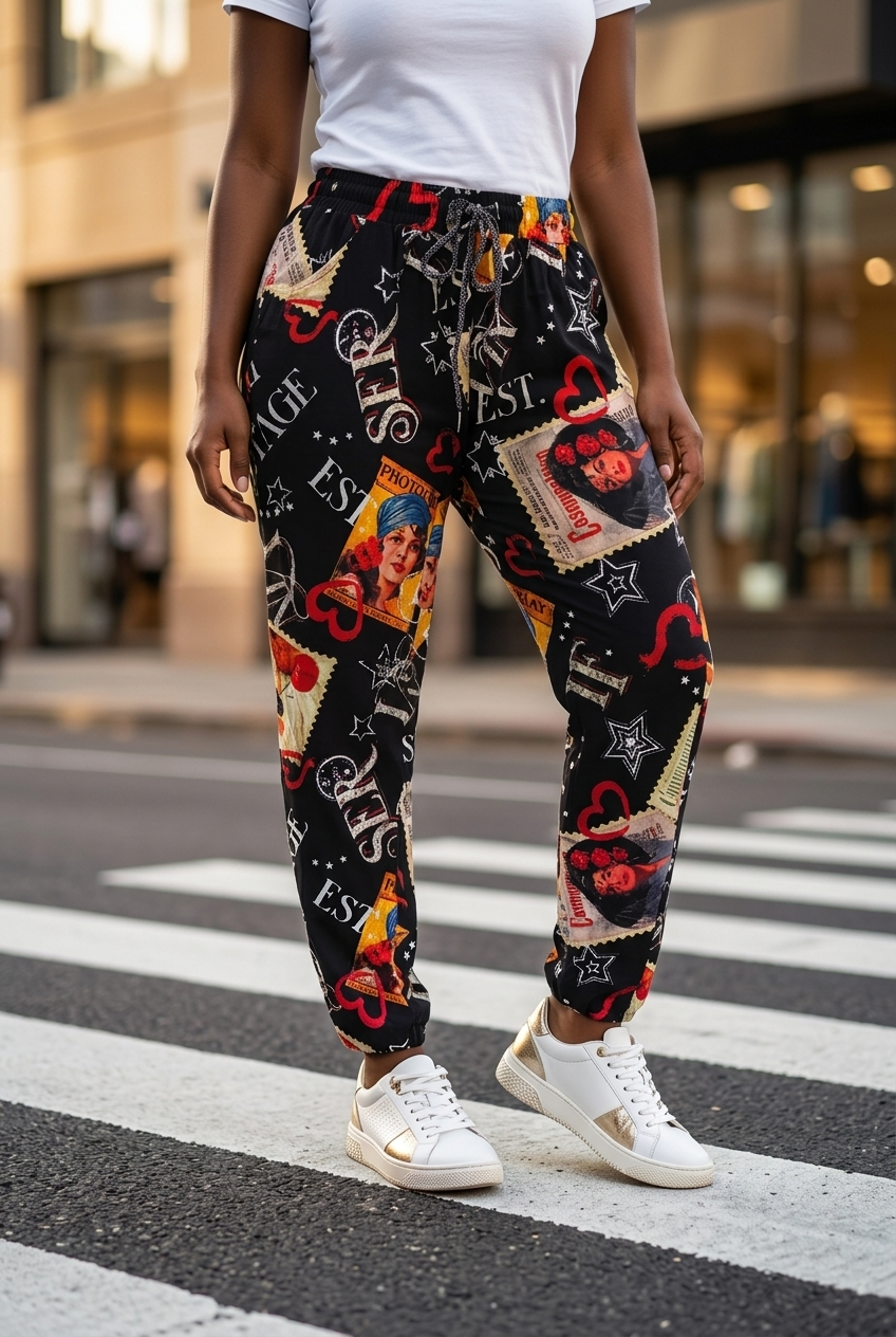 schmale Hose mit Motiven , mehrfarbig